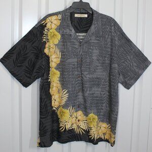 Tommy Bahama Mens Silk Gray Black Yellow Flower Print Hawaiian Shirt Size XL